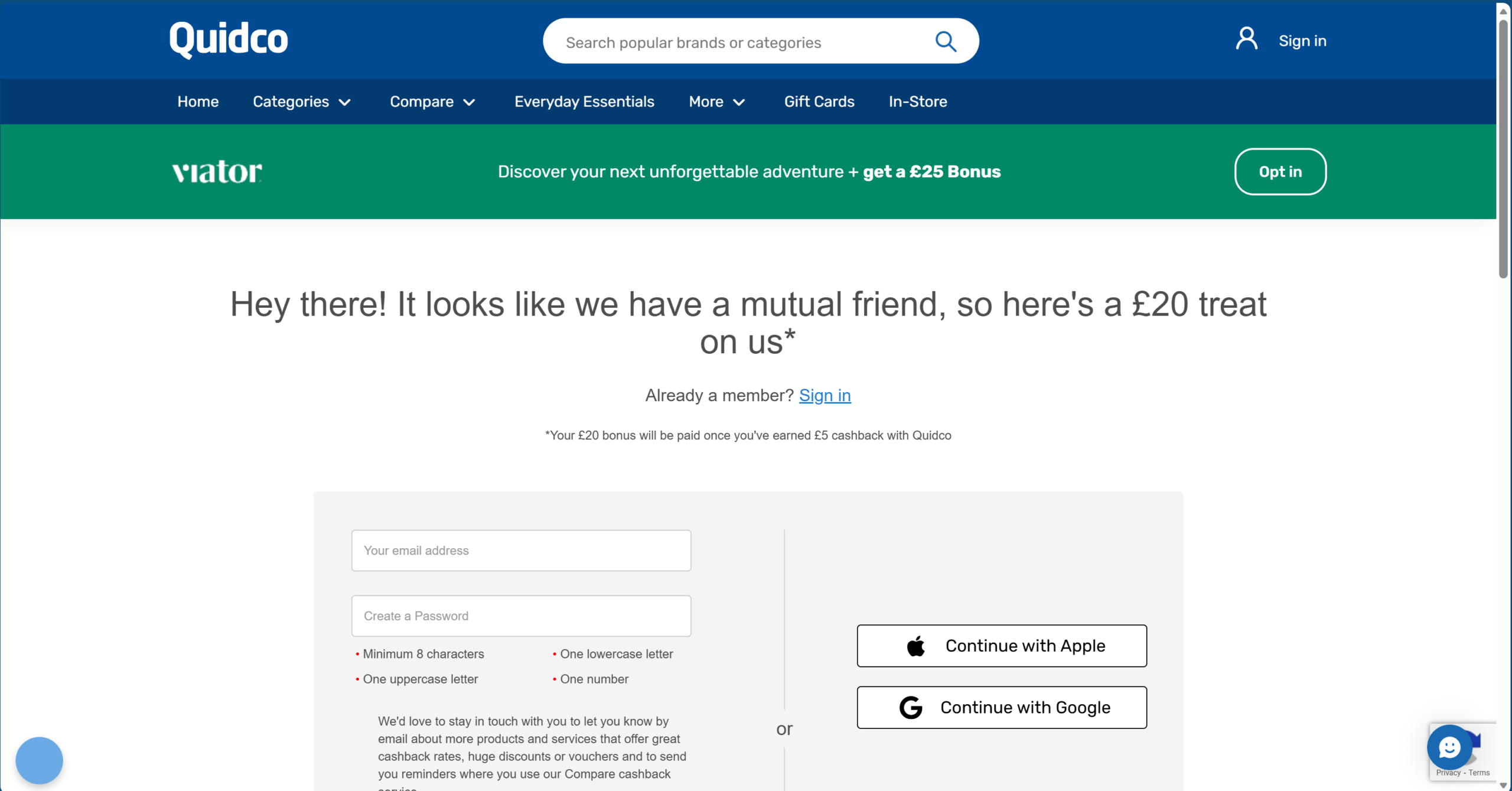 Quidco home showing £20 joining bonus (new accounts only)